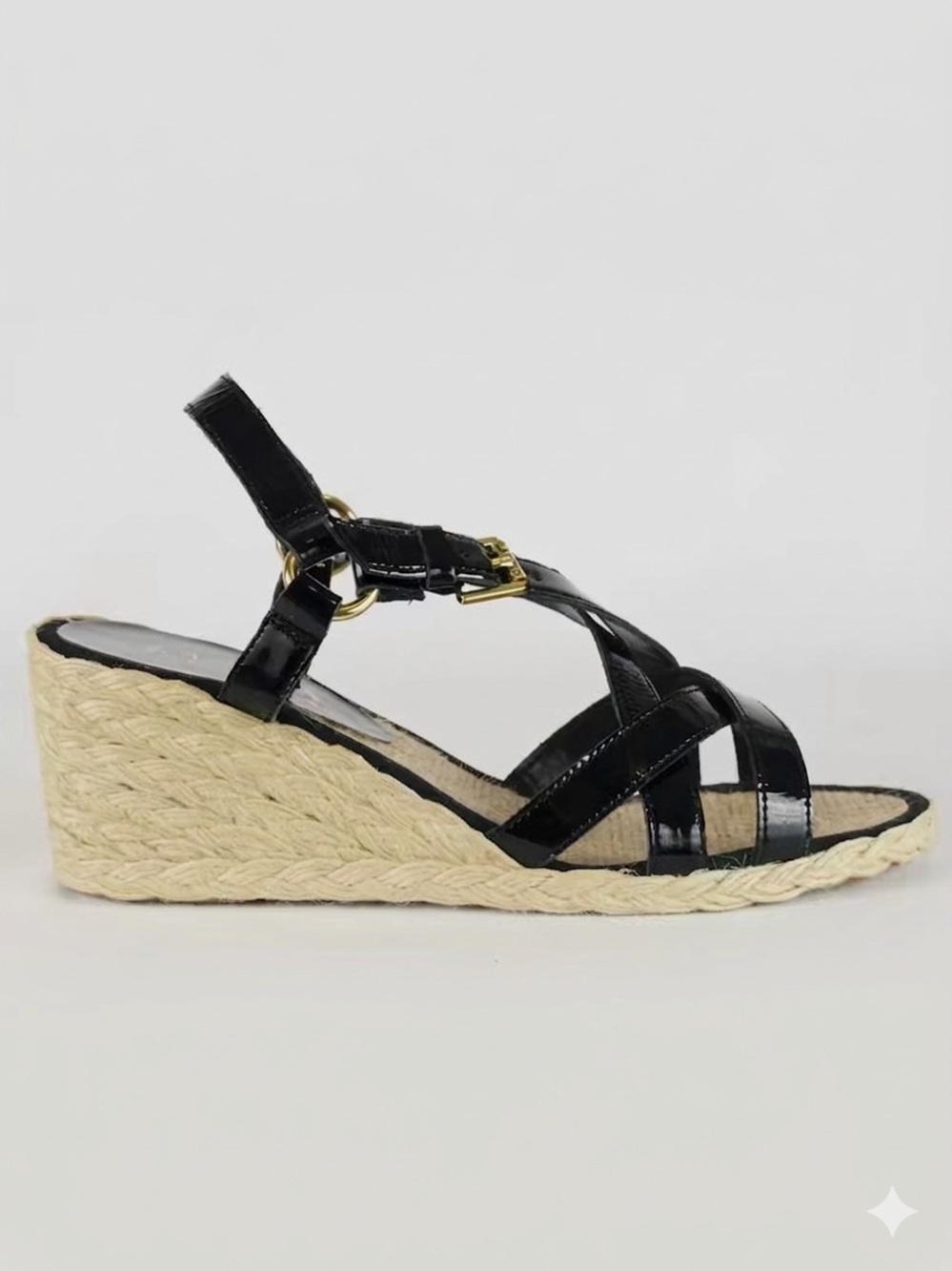 Ralph Lauren Chrissy Black Patent Leather Espadrille Wedge Sandals Gold Size 7